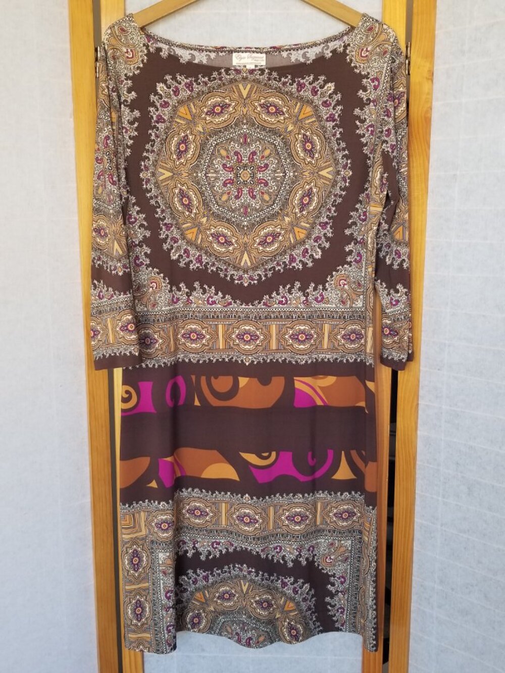 Elysa Suzanne Retro Print Shift Dress Size Large Brown Purple Gold 3/4 Sleeves